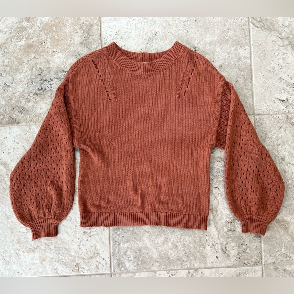 Wrap London Cotton Crochet-Detail Puff Sleeve Sweater, Dusty Brown Pink, US 2